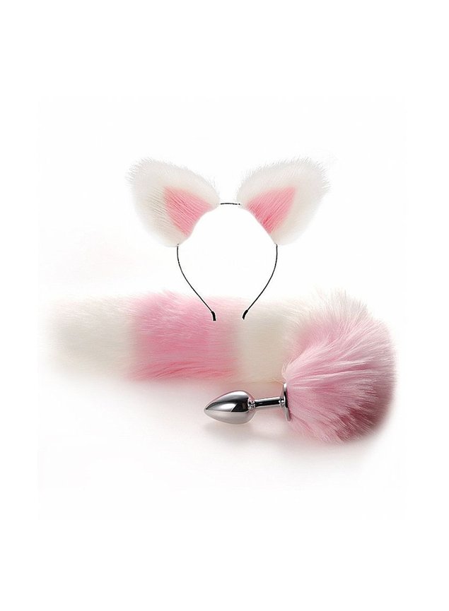 Kit Plug Anal Rabo Com Tiara de Pelcia Branco e Rosa
